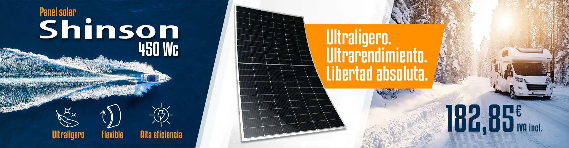 Panel solar Shinson: ligero y flexible. Una ventaja ultraligera y de alto rendimiento para una libertad máxima a un precio de 182,85 € IVA incluido.